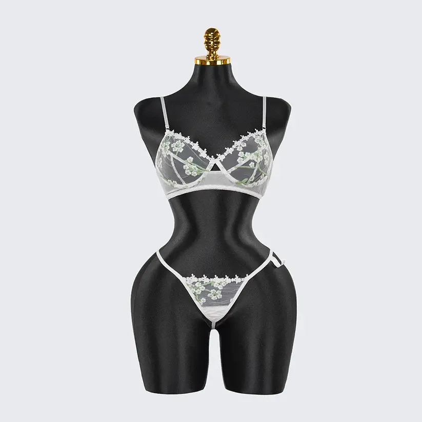 Sexy White Lace Embroidered Lingerie Sheer Bra Panties Set