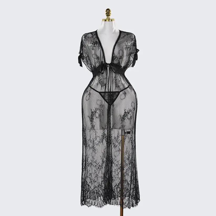 Black Lace Embroidery High Slit See-Through Seduction Negligee Panty Set