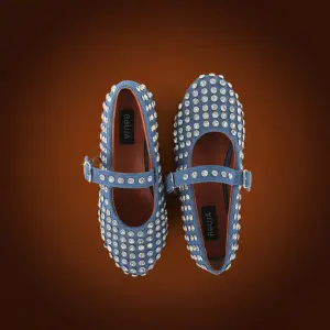 Crystal Studded Denim Mary Jane Flats