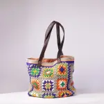 Handmade Crochet Granny Square Tote Bag with Mandala Design & Leather Handles