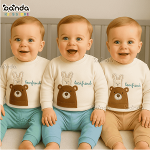 بيجامة قطيفة شتوي بيتي توب ابيض ، تطريز دب وارنب