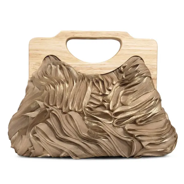 English: Elegant Ruched Handbag with Natural Wooden Handle. VS-53