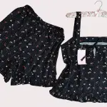 Black Floral Frill Linen x Cotton Cami Set