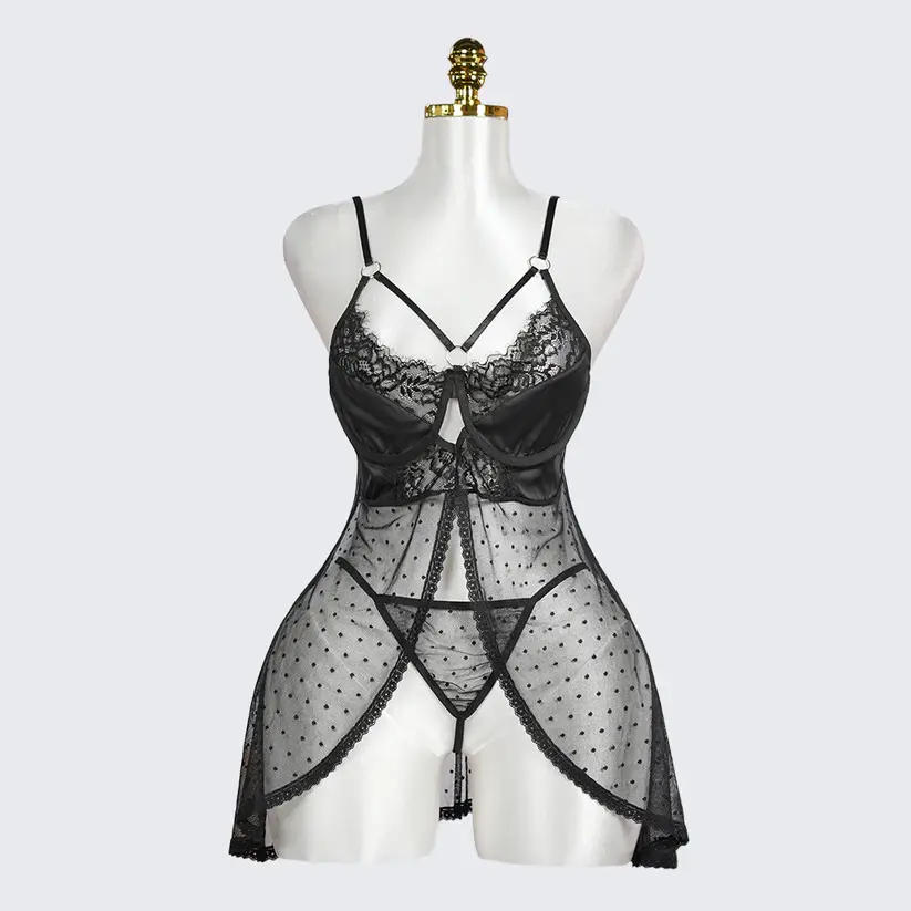 Black Polka Dot Mesh Gauze Top Panty Set