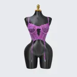 Purple Lace Embroidered Stockings Bra Panty Set