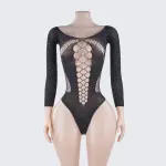 Rhinestone Long Sleeve Bodysuit Cutout See-Through Lingerie
