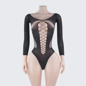 Rhinestone Long Sleeve Bodysuit Cutout See-Through Lingerie