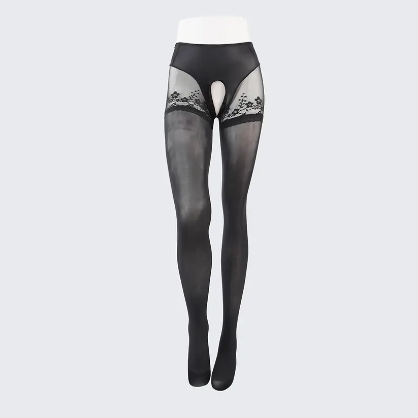 High Waist Lace Pantyhose Seamless Glossy 5D Ultra-Thin Crotchless Lingerie