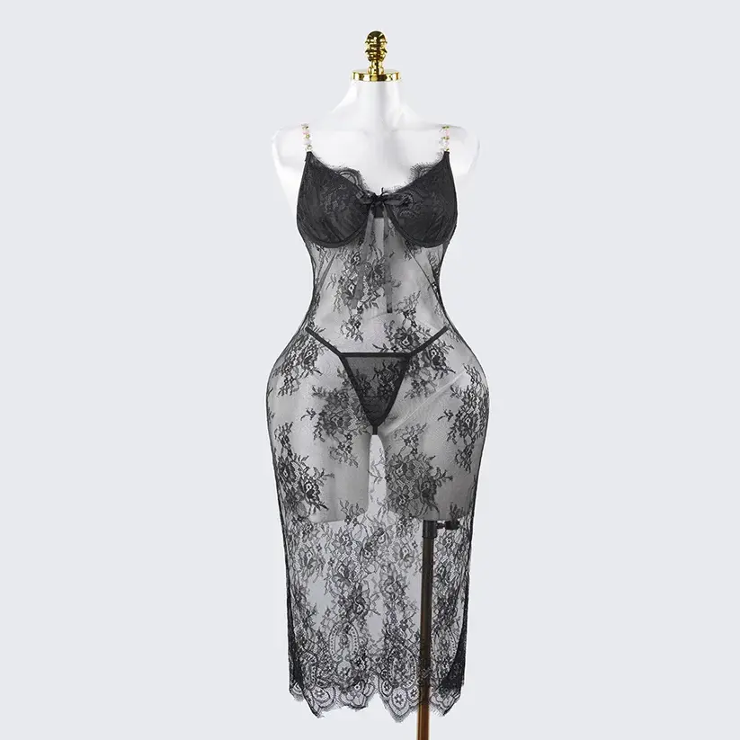 Lace Embroidery See-Through Bridal Lingerie Dress