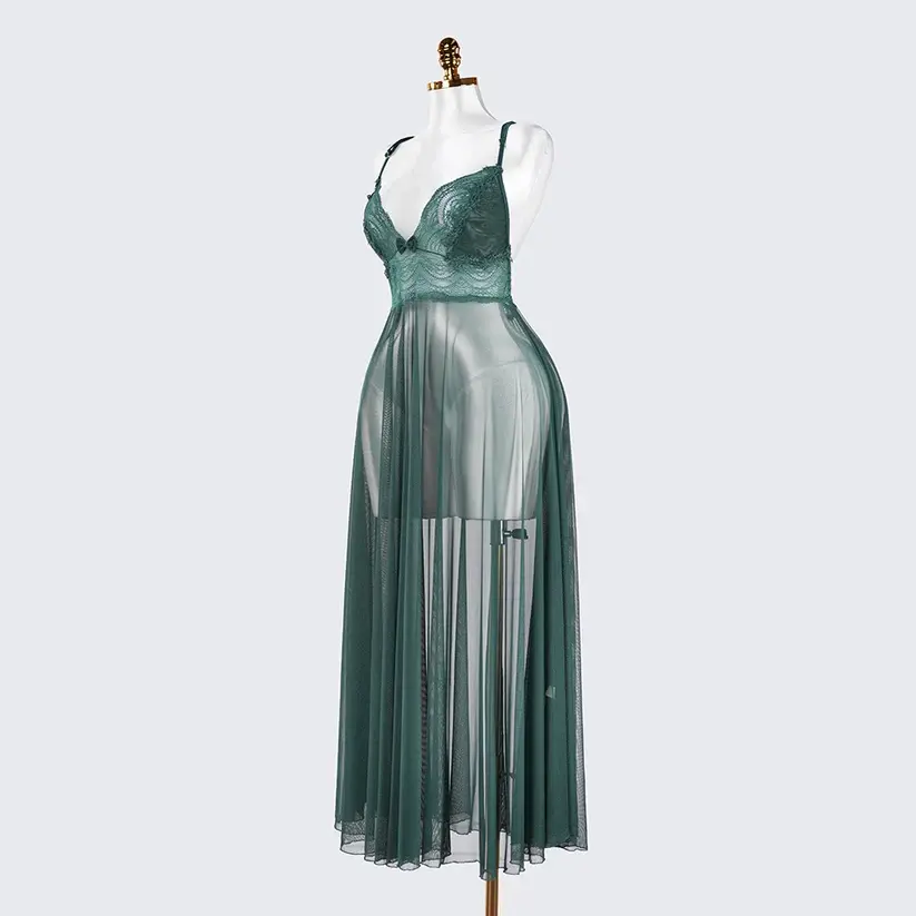 Sheer Embroidered Cutout Long Dress Fine Mesh Lingerie