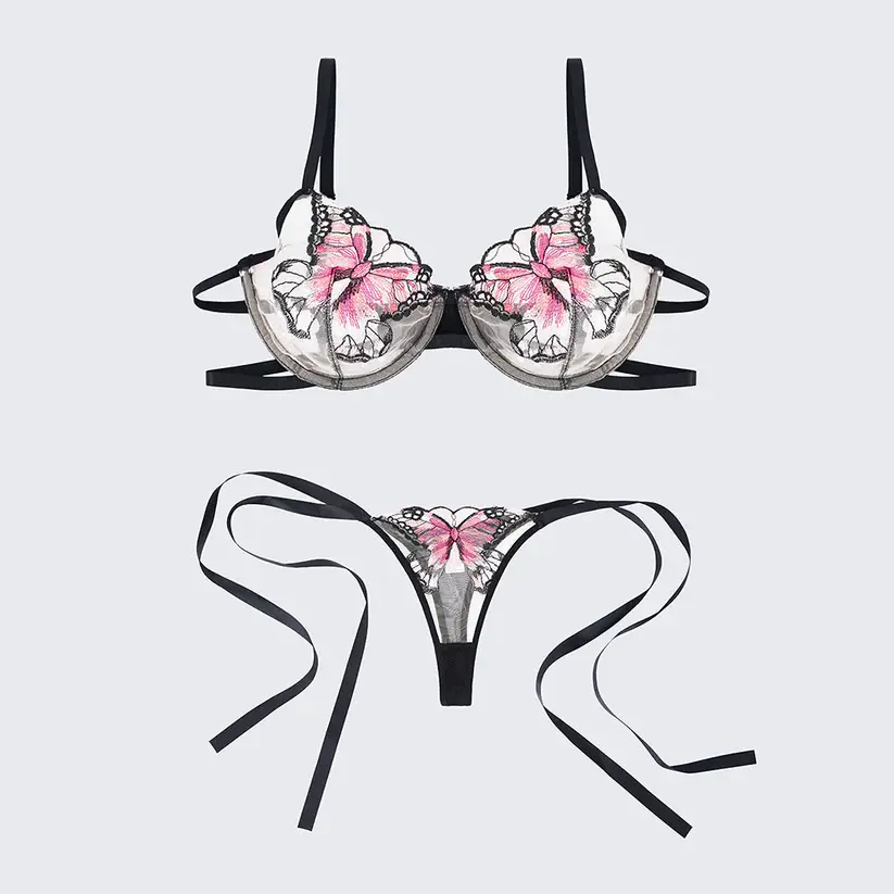 Butterfly Sheer Embroidered Mesh Bra Panty Set