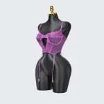 Purple Lace Embroidered Stockings Bra Panty Set