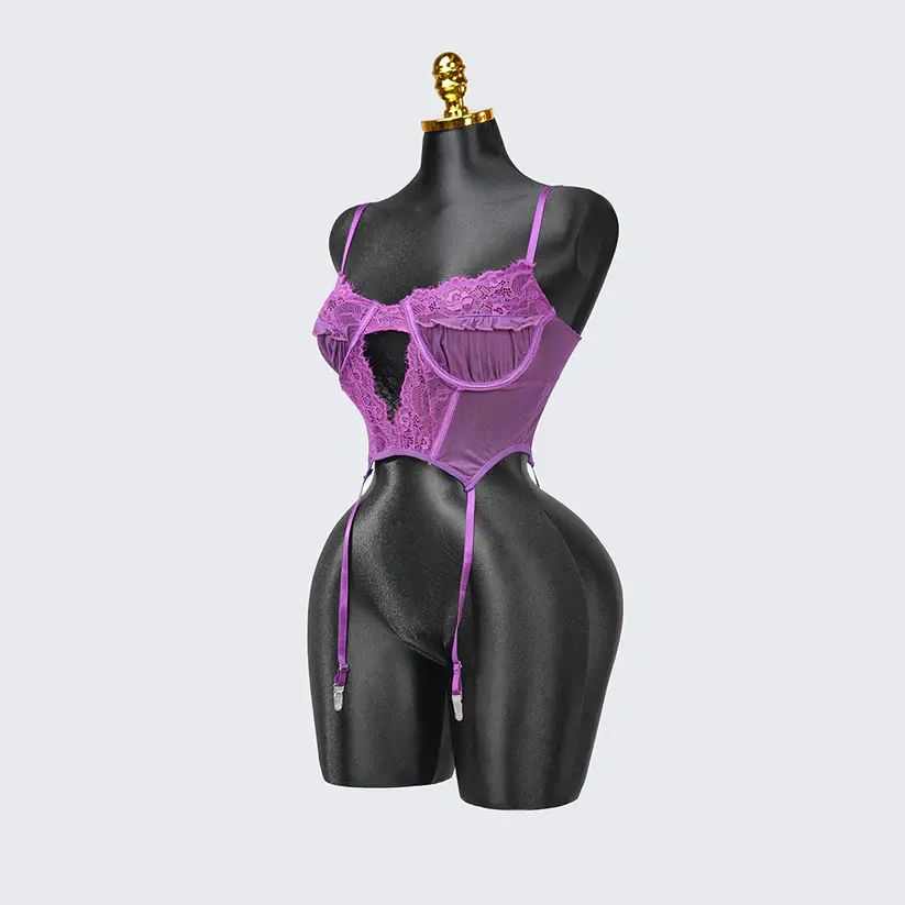 Purple Lace Embroidered Stockings Bra Panty Set