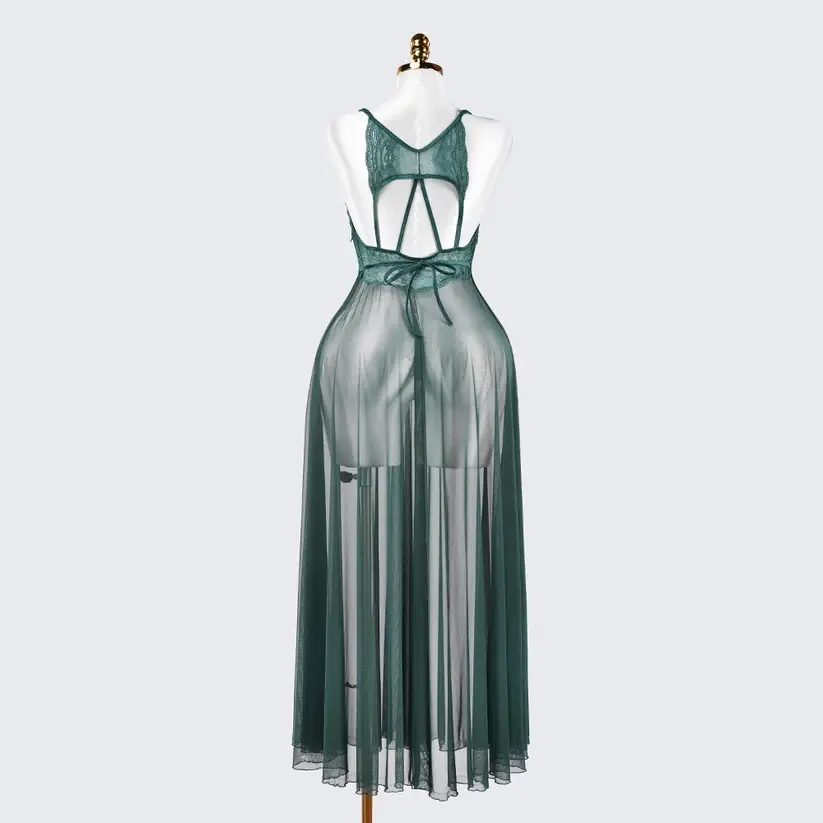 Sheer Embroidered Cutout Long Dress Fine Mesh Lingerie