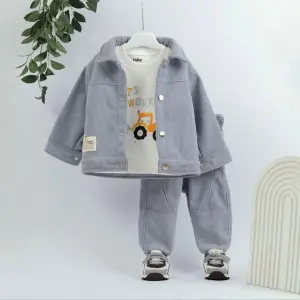 طقم خروجي 3 قطع اولادي قطيفة مضلع عربية جرار رصاصي كيدي