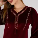 Luxury Velvet Maroon Abaya with Embroidered Neckline