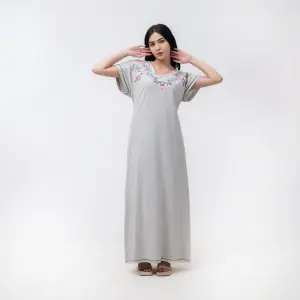 Long Cotton Nightgown with Floral Embroidery