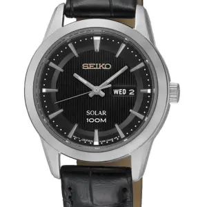 SEIKO Ladies' Hand Watch SOLAR Black Leather Strap SUT161P2
