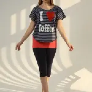 3-Piece Cotton Pajama Set – I Love Coffee Print, Comfortable Summer Sleepwear