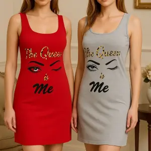 Set of 2 Sleeveless Nightdresses – Red & Grey “The Queen is Me” Print