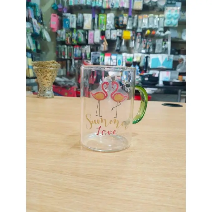 A flamingo-themed thermal glass mug, perfect for your summer drinks.