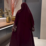 Royal Burgundy Abaya with Silver Embroidery