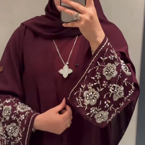 Royal Burgundy Abaya with Silver Embroidery