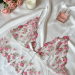 White Sheer Babydoll With Pink Floral Embroidery Set