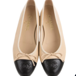 Chanel Beige/Black Leather CC Bow Cap Toe Ballet Flats
