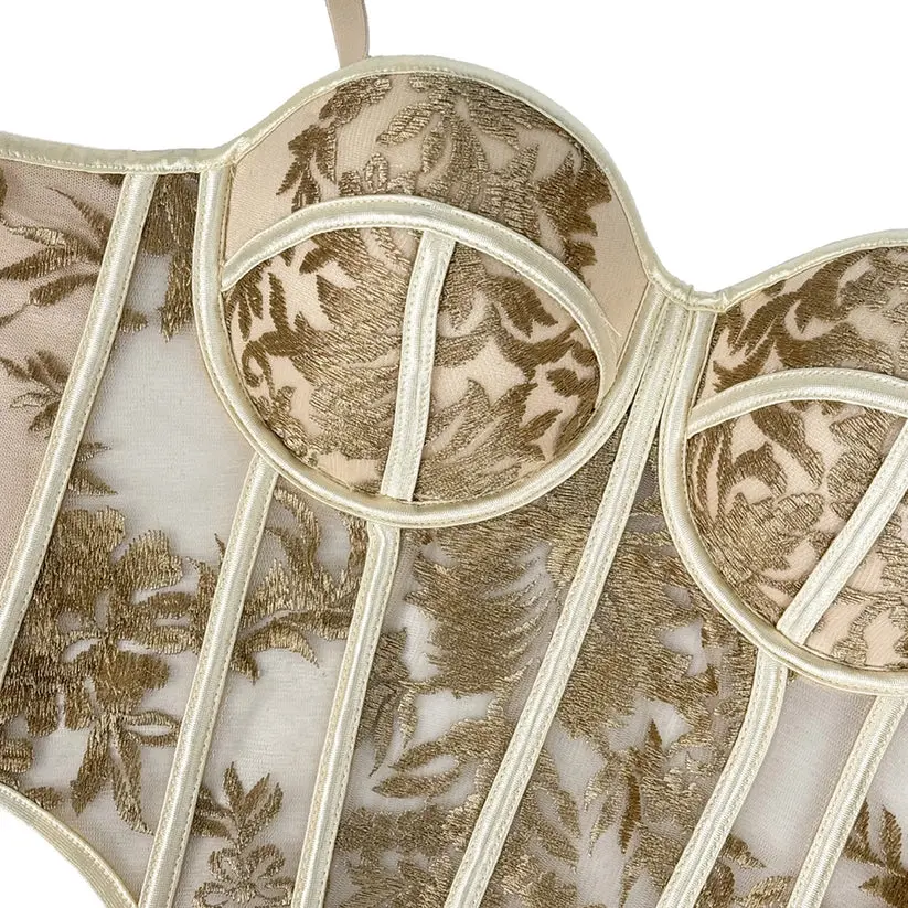 Embroidered Boned Corset Top Built-in Pad Sheer Bustier Camisole