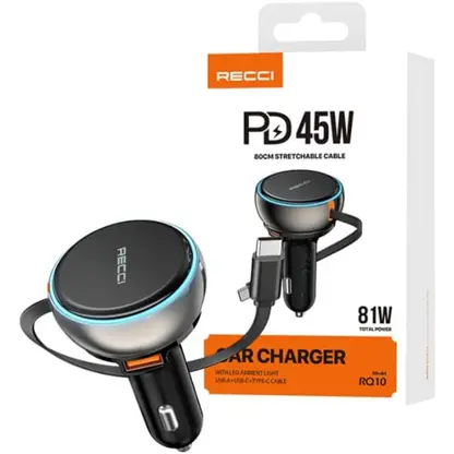 Recci RQ10 3-in-1 81W Fast Car Charger for Multiple Devices - Black
