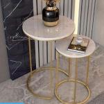 Steel and Marble wood Side Tables Set 2 Pieces