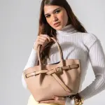 Belted Pebbled Hand Bag - Cafe