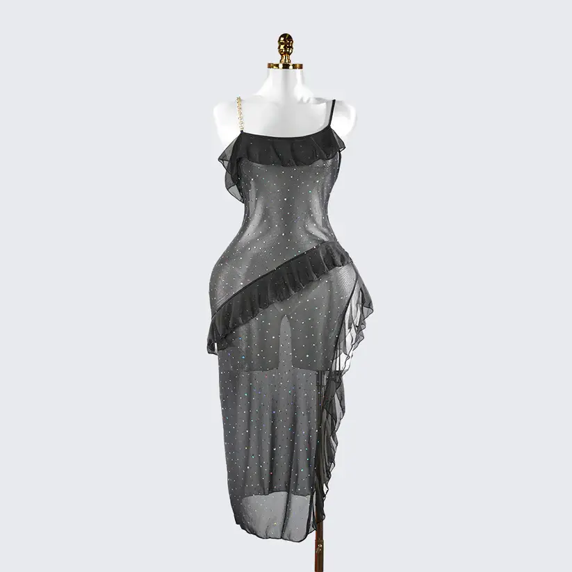 Sparkly Spaghetti Strap Mesh Ruffled Sheer Nightwear Dress Lingerie