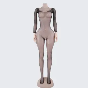[2+ Items, 300 EGP Each] Rhinestone Crotchless Mesh Bodystocking One-Piece Lingerie