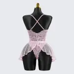 Sexy Pink Lace Embroidery Seduction Bodysuit Skirt Set