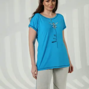 Women’s Casual Pajama Set – Printed Blue Top & Light Grey Leggings