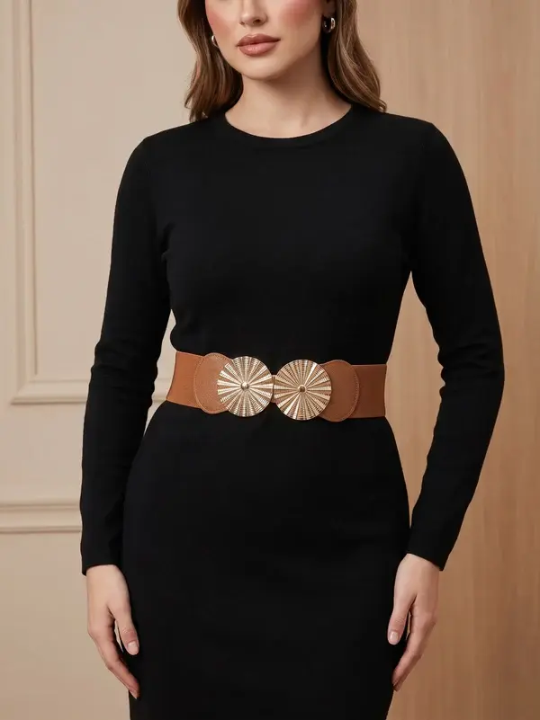 Elastic Waist Belt with Double Golden Medallion Buckle T-53
