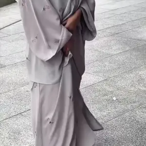 Classic Beige Abaya with Simple Floral Embroidery
