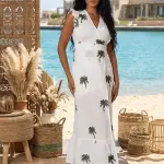 Green Palm-white Wrap Maxi Dress.