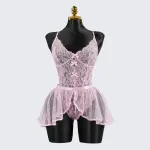 Sexy Pink Lace Embroidery Seduction Bodysuit Skirt Set
