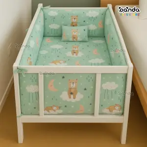 طقم السرير الخشب ،ملاية و٤جوانب مبطنة ومخدة ، اخضر دبدوب سحابة