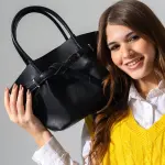Belted Pebbled Hand Bag - black