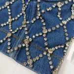 Rhinestone Denim Corset Top Underwire Bustier Spaghetti Strap Crop Top