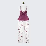 Silk Lace Trim Cutout Camisole Pants Sleepwear Set