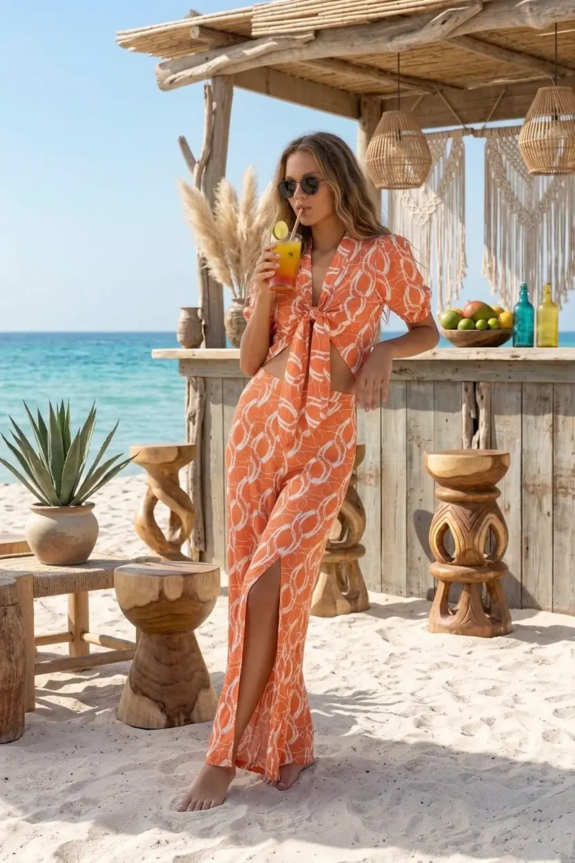 Orange and White Chain Print top&Pants Set.