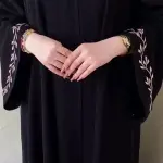 Black Abaya with Delicate Floral/Leaf Embroidery on Cuffs and Hem