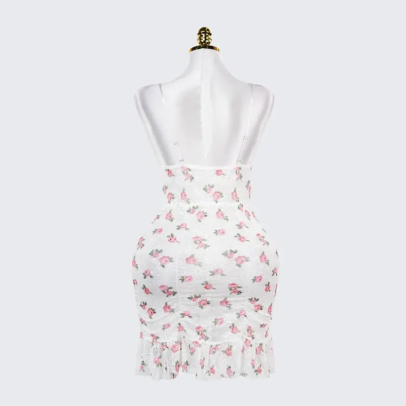 Deep V Rose Print Chemise Spaghetti Strap Slip Dress