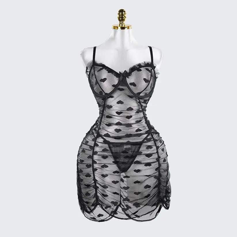 Plus Size See-Through Mesh Heart Lace Dress Lingerie Set