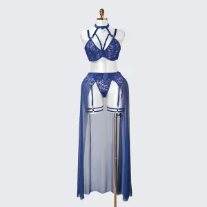 Plus Size Navy Blue Lace Tie Up Lingerie Bra Dress Set